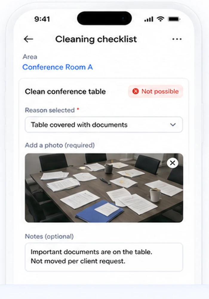 iPhone showing a cleaning task marked not possible, with the selected reason, evidence photo and note