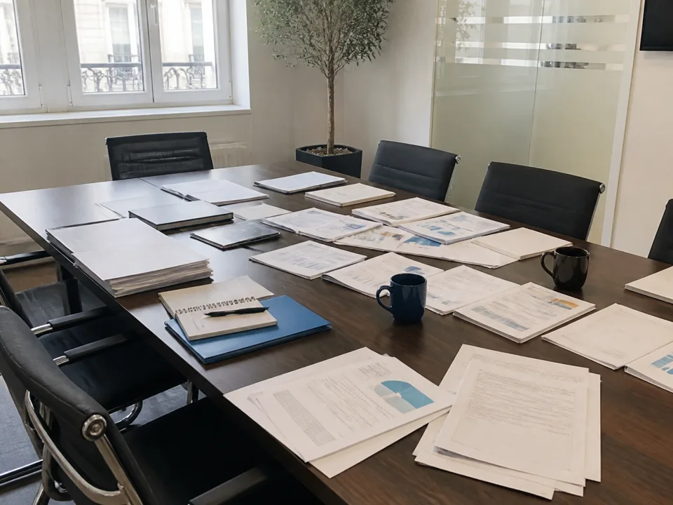 Conference table covered with documents