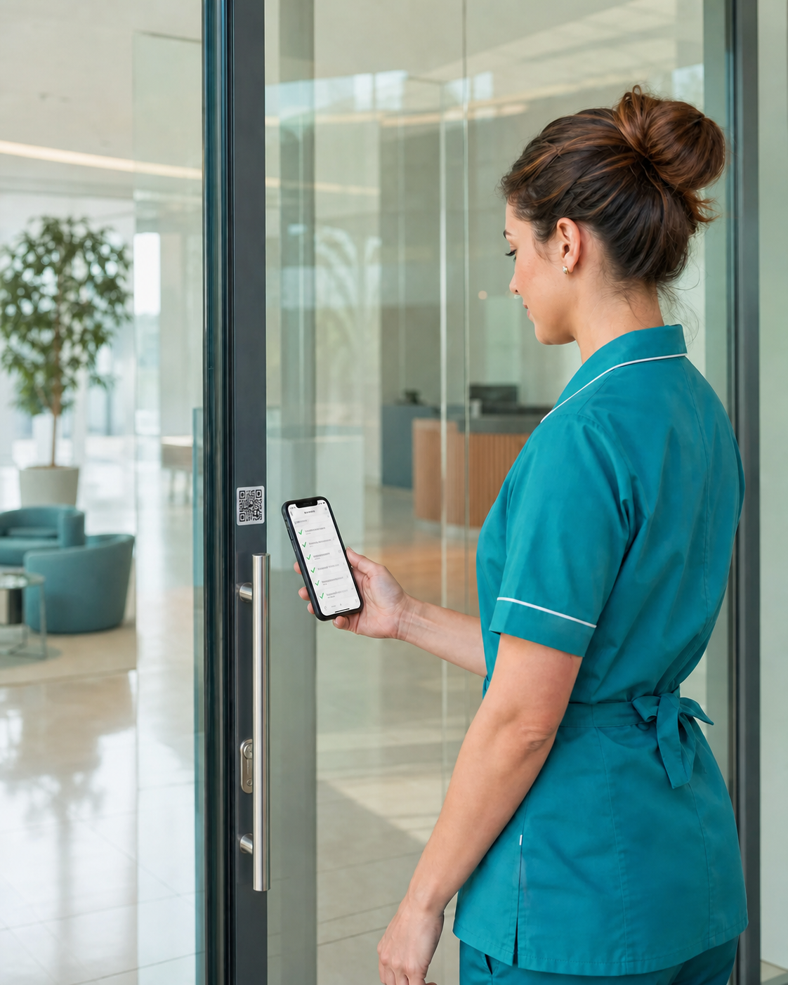 Cleaner scans the object QR code at the entrance door with her phone
