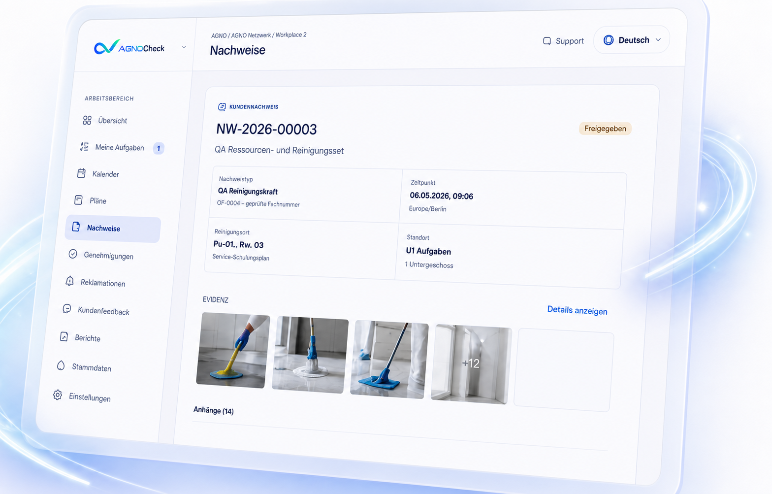 AGNOCheck evidence record with navigation, photo proof and verified status