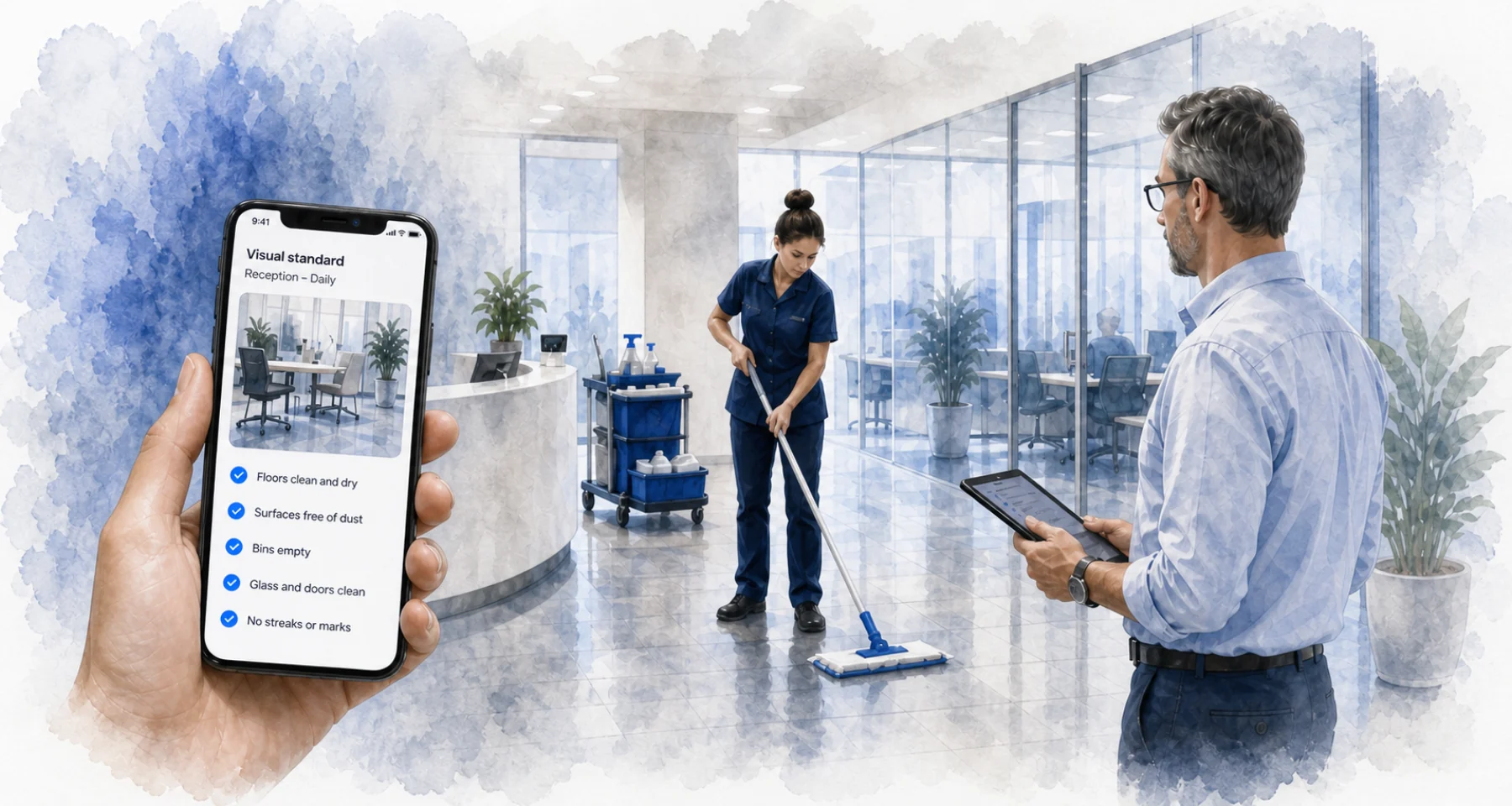 Cleaner completes work while a facility manager reviews the result and a visual checklist is shown on a smartphone